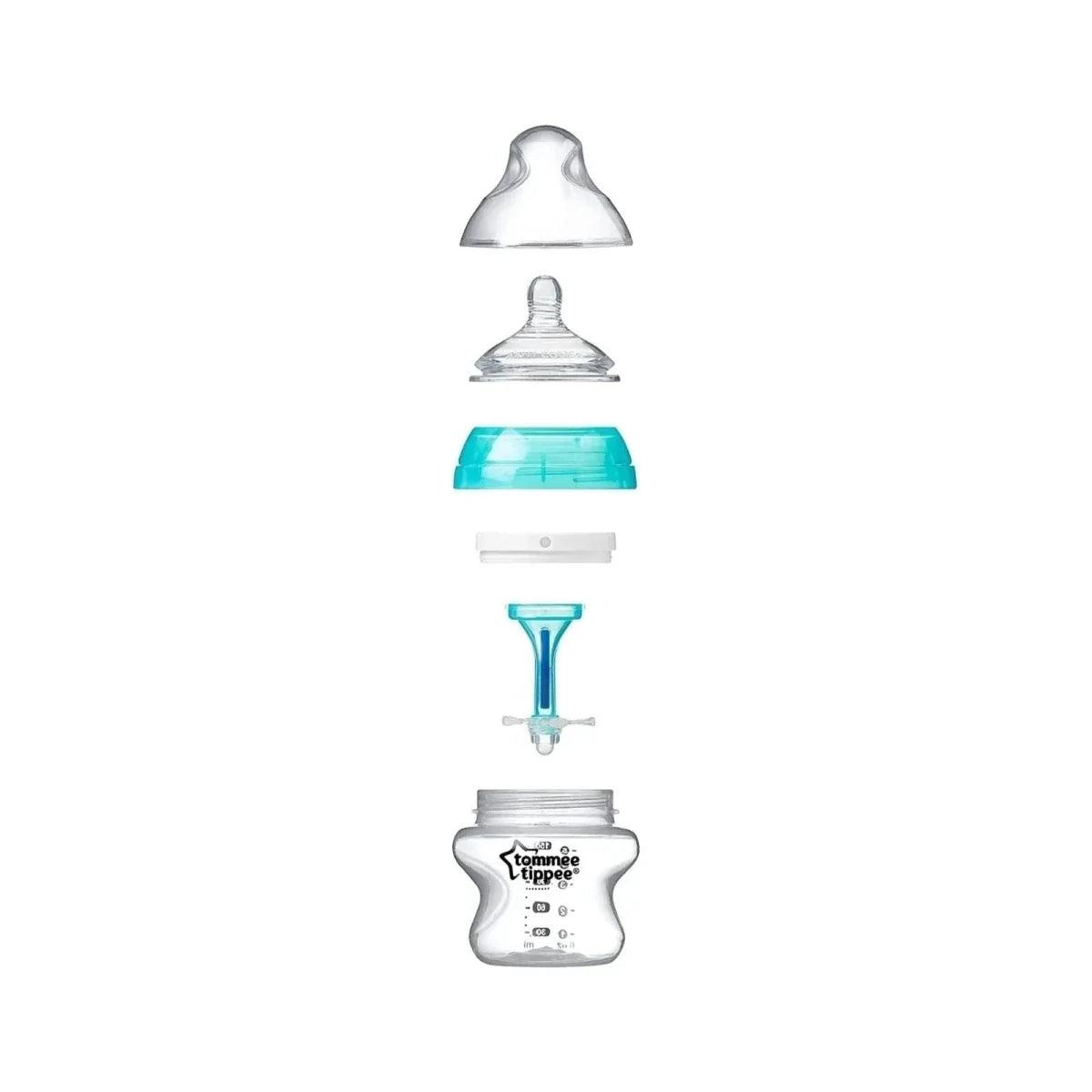 Tommee Tippee 150ml anti-colic bottle parts diagram with aqua teat cap