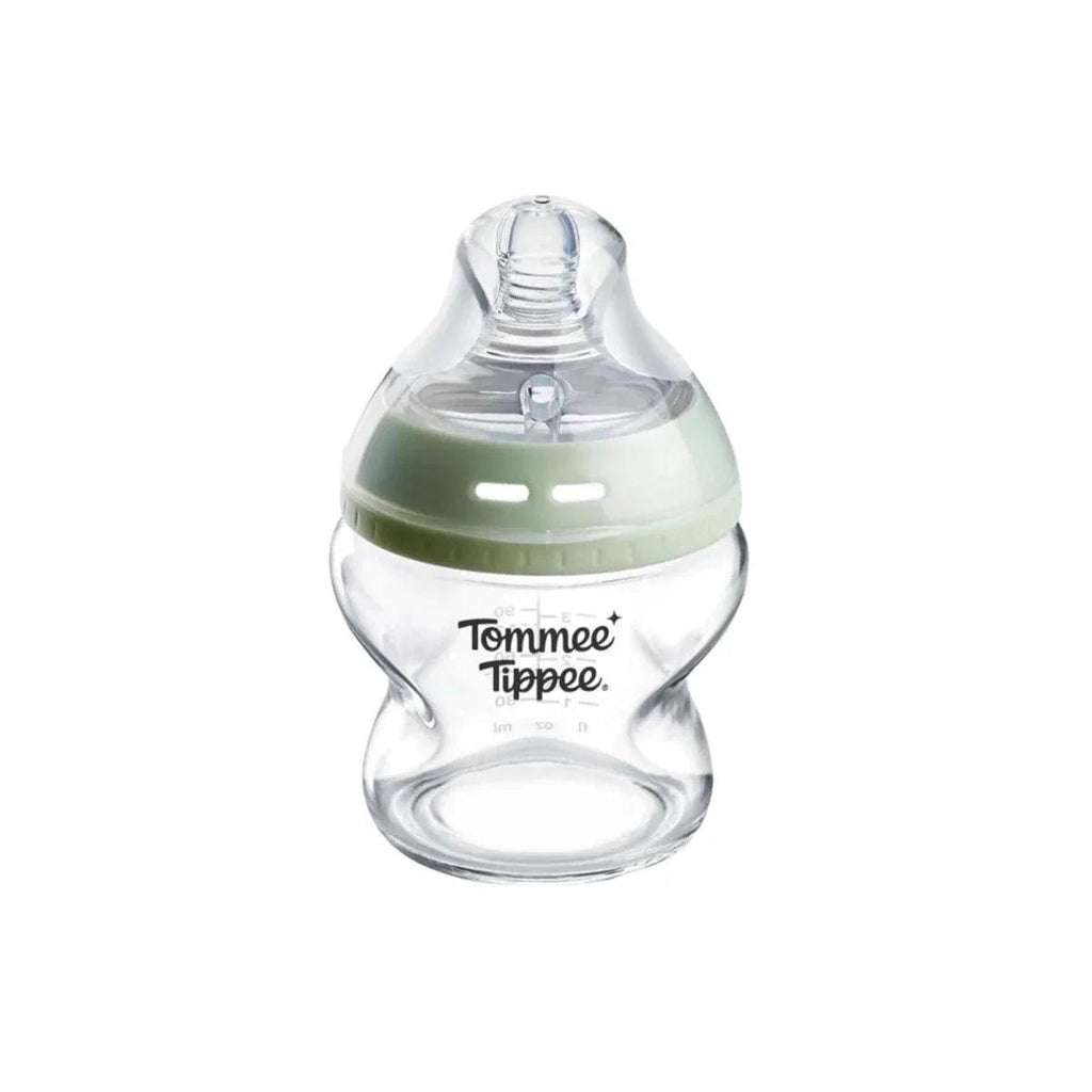 150ml glass baby bottle with green collar and anti-colic valve
