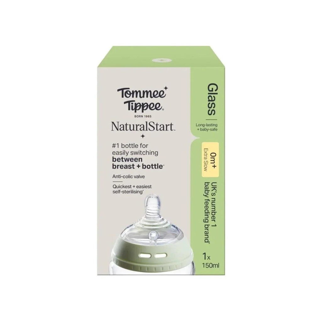 NaturalStart glass baby bottle 150ml shown on retail box packaging