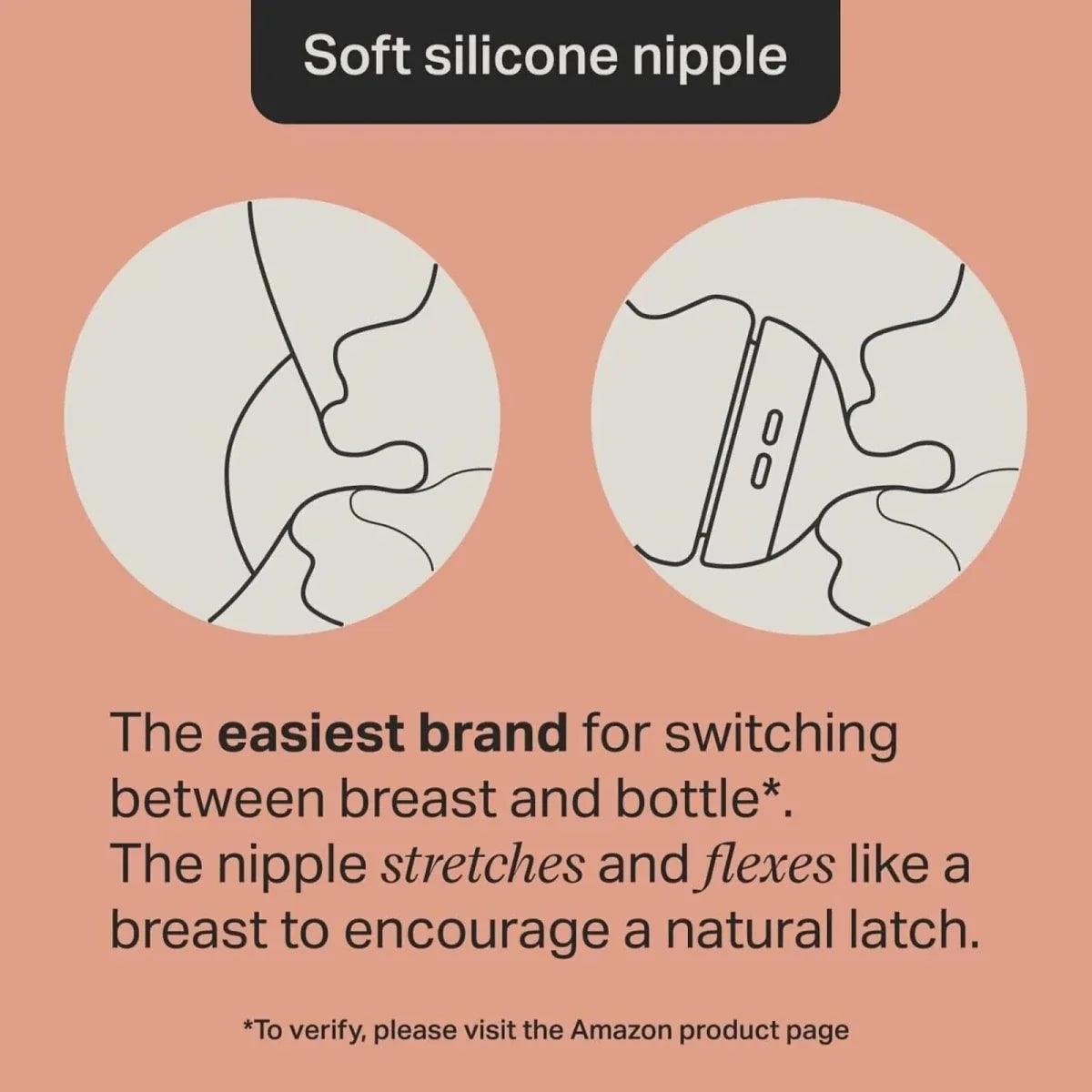 Soft silicone nipple on a baby bottle for switching between breast and bottle