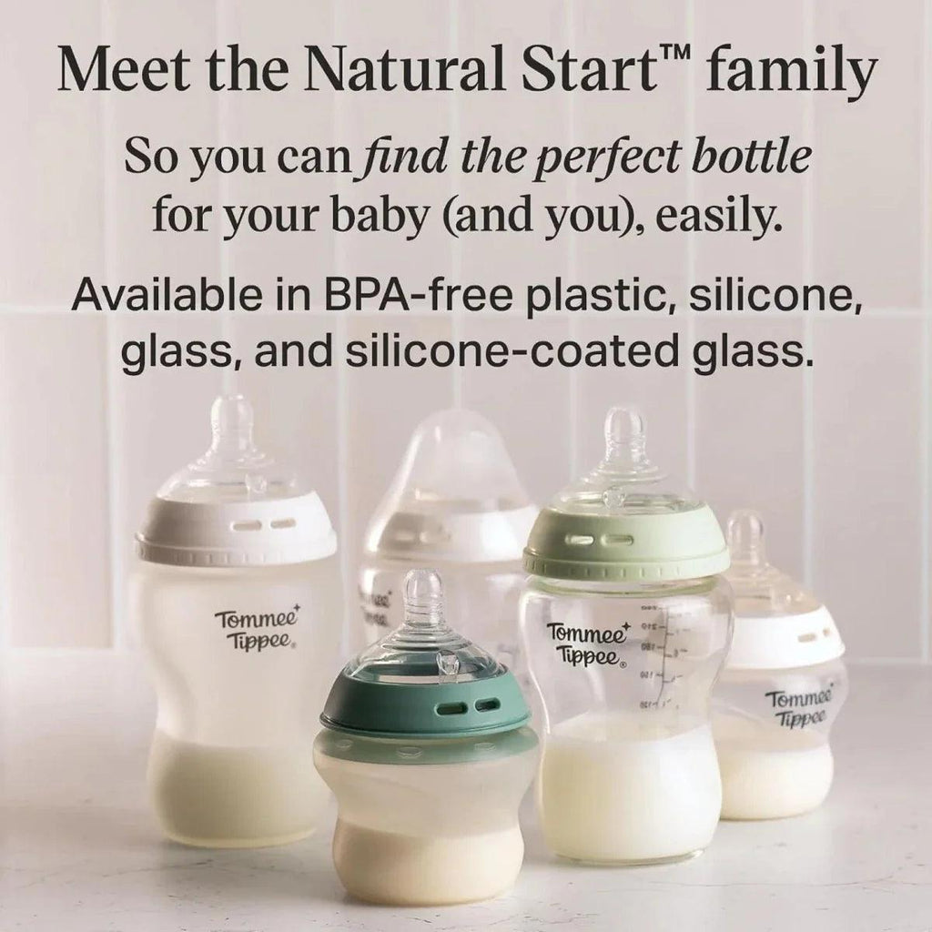 Natural Start family of baby bottles with green glass bottle and other sizes