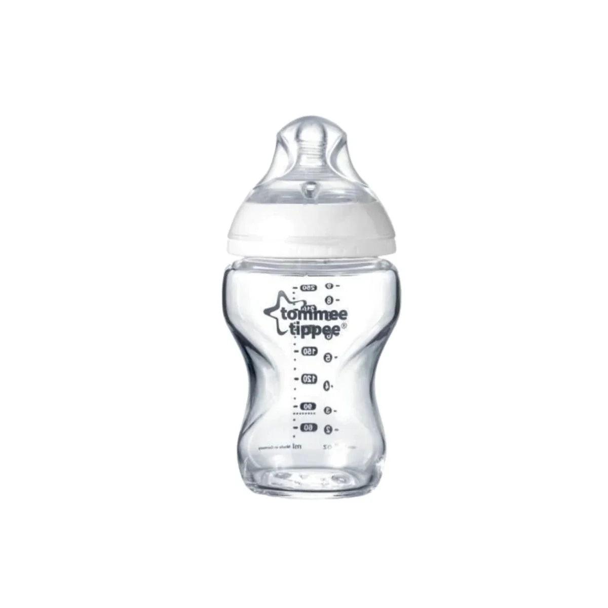 250ml glass baby bottle with Tommee Tippee Natural Start teat, clear anti-colic design