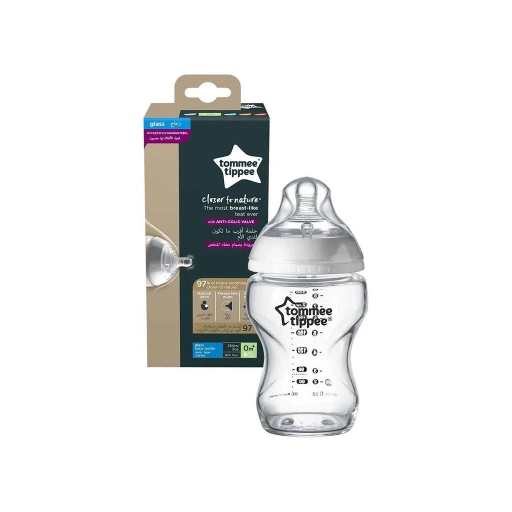 Tommee Tippee Natural Start 250ml glass bottle with boxed package, clear teat