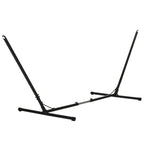 Black metal hammock stand with adjustable uprights and base crossbar, stand only.