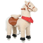 Light brown plush rocking horse toy with red bandana, wooden handle, and wheels