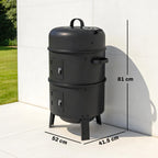 Vertical charcoal smoker with two side doors and top handle on dark metal body