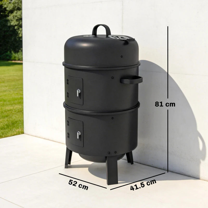 Vertical charcoal smoker with two side doors and top handle on dark metal body
