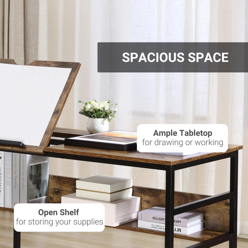 Adjustable drafting table with tilting tabletop, open shelf, and rustic brown work surface