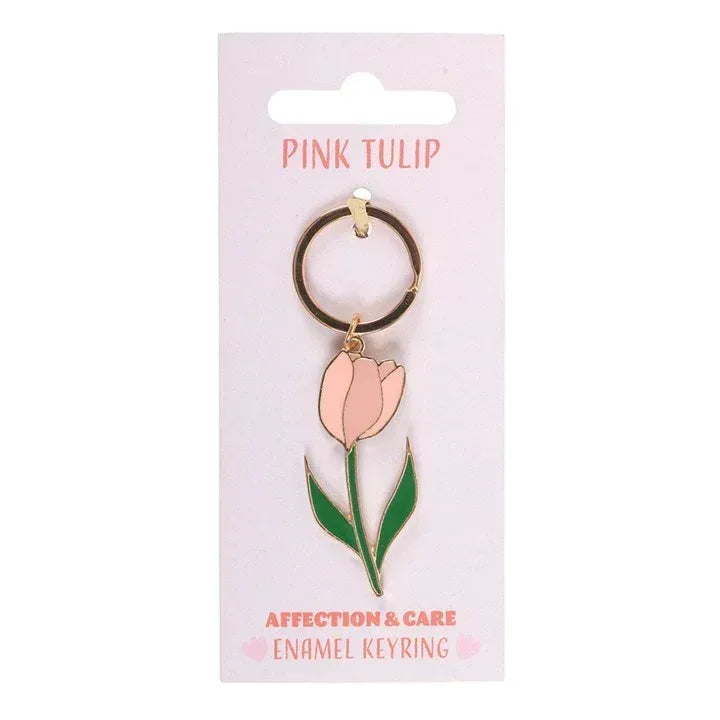 Enamel tulip keyring on card: gold ring with pink tulip charm and green leaves