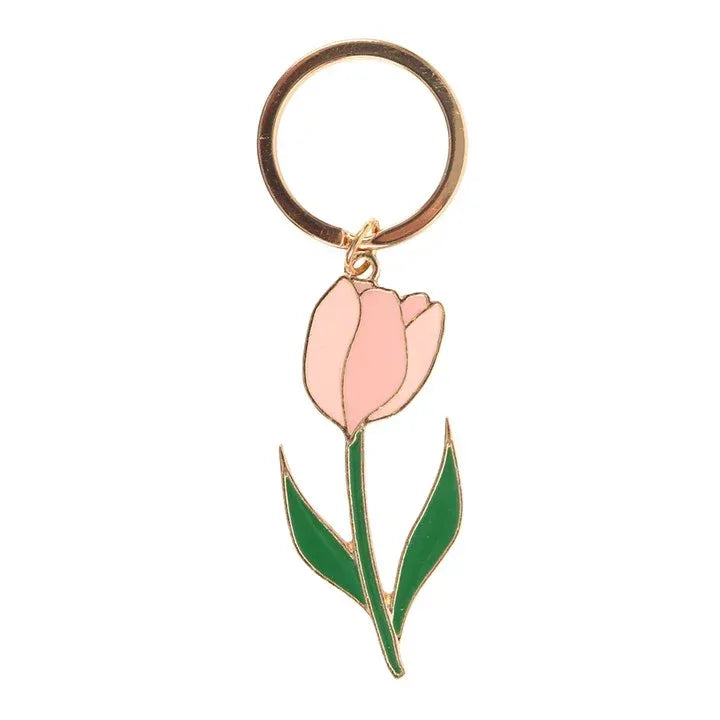 Enamel tulip keyring charm with gold ring, pink flower, and green leaves