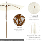 White patio umbrella with 6 ribs and top vent over wood pole