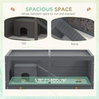 Grey wooden hamster cage interior with hut and ramp, spacious open floor area
