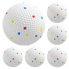 Set of 6 white textured dog balls with colorful square and dot accents