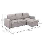 Light grey sectional sofa bed with pull-out chaise; size measurements shown