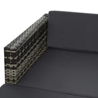 Grey rattan armrest and dark seat cushion on outdoor sectional sofa