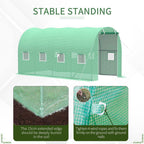 Green walk-in greenhouse tunnel with multiple mesh windows and front roll-up zip door