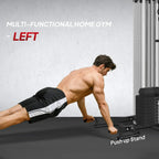 Adjustable incline bench on black multi gym frame with red seat and leg support