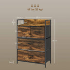 Rustic brown four-drawer chest dimensions diagram showing height, width, and depth