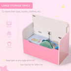 Pink kids toy box storage bench with open lid showing toys inside the compartment.