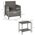 Light grey woven armchair and small bistro table with size dimensions shown