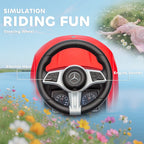Red ride-on car steering wheel with Mercedes emblem and dashboard buttons
