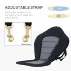 Black padded kayak seat with high backrest, tie-down straps, and metal hooks