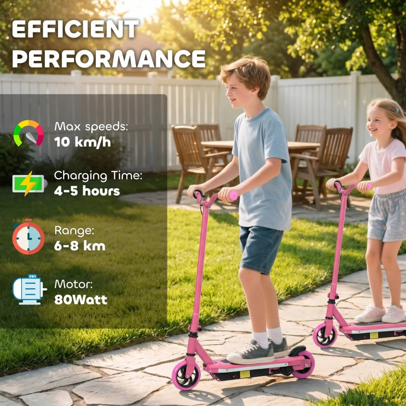 Pink electric kids scooter with handlebar and rear foot deck
