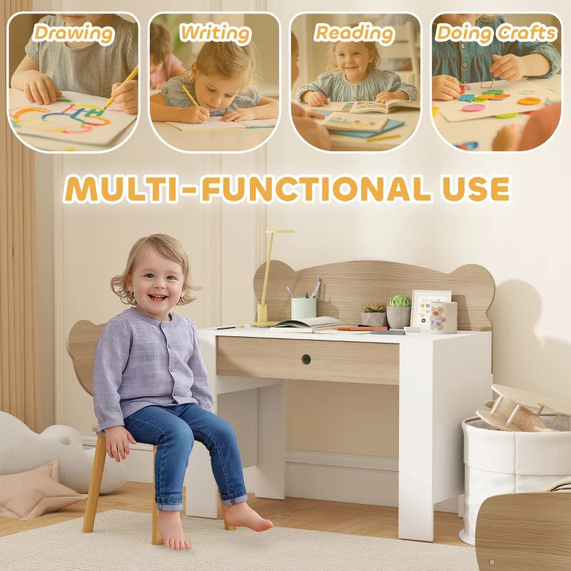 Kids desk and chair set; bear-shaped chair backrest and storage drawer for kids
