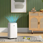 White dehumidifier with front air grille and caster wheels, standing indoors.