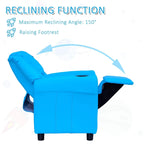 Blue kids recliner chair with adjustable backrest and raised footrest, cup holder