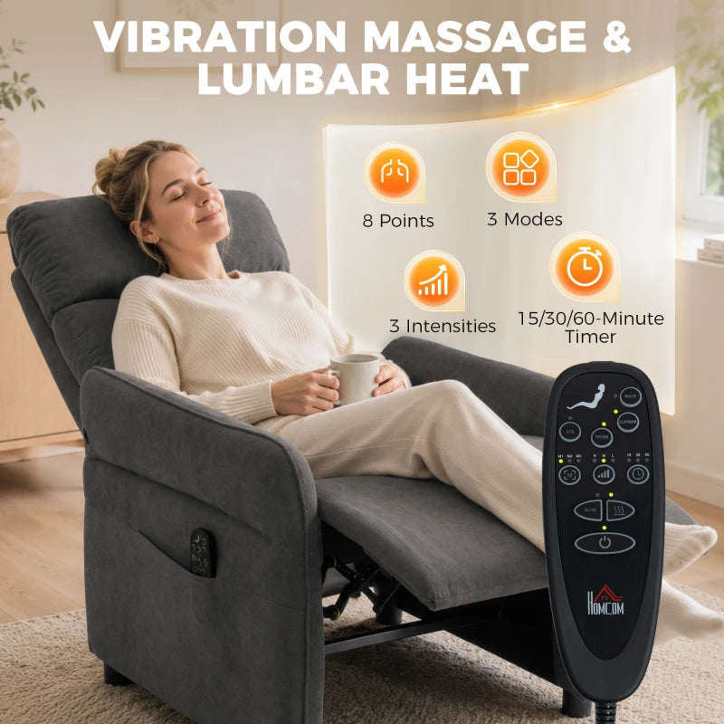Dark grey recliner chair with massage remote control and padded armrest/seat
