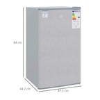 Grey under-counter fridge freezer with dimensions shown, front-left angled view