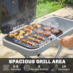 Open foldable gas grill with food on grates, black hood, spacious cooking area