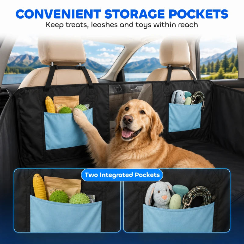Black dog car hammock seat cover with blue storage pockets for treats, leashes, and toys