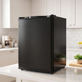 Black single-door mini fridge with glossy top and side edges on a countertop.