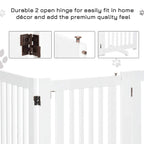 White dog gate hinge hardware detail and vertical bars on base frame