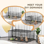 Black metal small animal playpen cage set up indoors with bedding and interior toys
