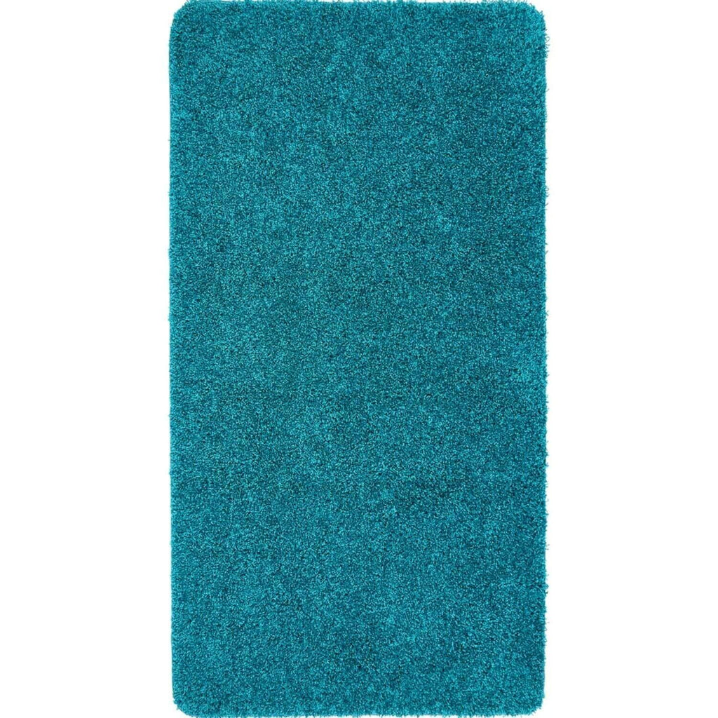 Teal shaggy area rug, rectangular, uniform plush pile with straight edges