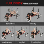 Full-body workout bench with multiple exercise positions, red-and-black padded seat