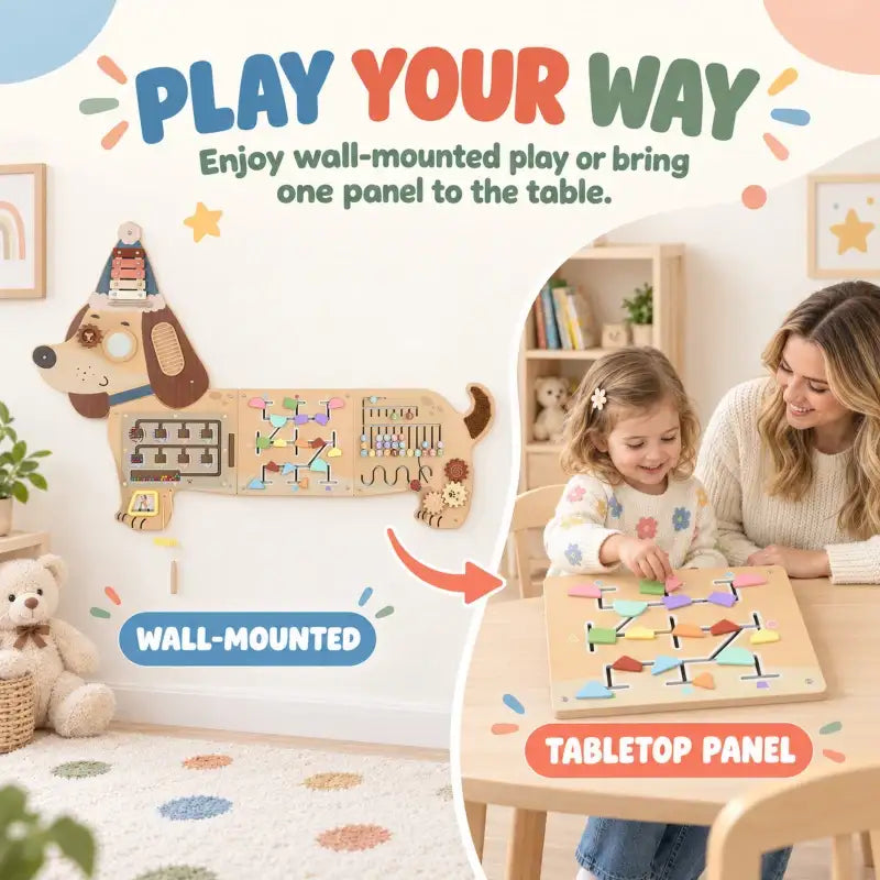Wooden dachshund busy board panel shown as wall-mounted or tabletop play activity