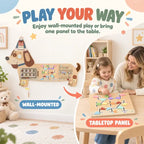 Wooden dachshund busy board panel shown as wall-mounted or tabletop play activity
