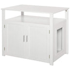 White wooden cat litter box enclosure with cabinet-style doors and large tabletop