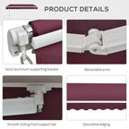 Aluminum brackets and retractable arms for maroon awning with decorative scalloped edging.