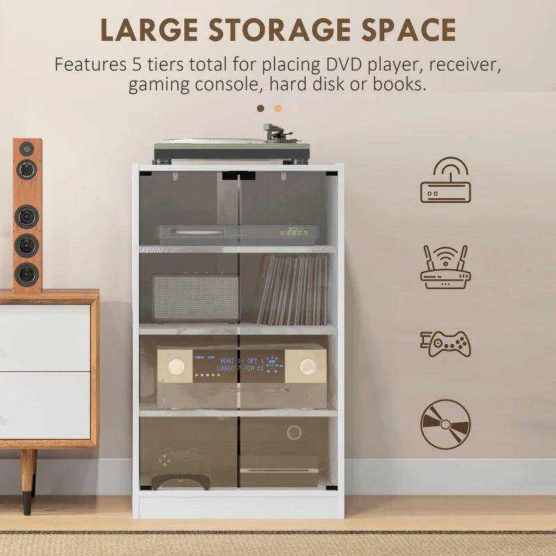 White hi-fi cabinet with multiple tiers and clear glass doors open for media storage