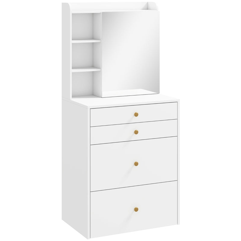 White dressing table with mirror cabinet, open shelves, and four-drawer storage