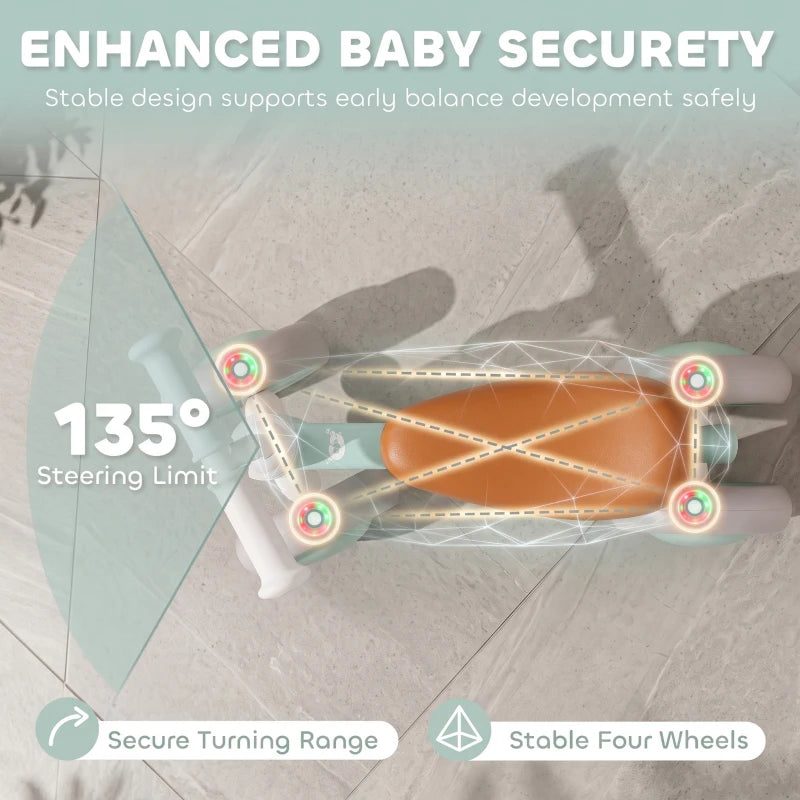 Green toddler balance bike with orange seat, stable four-wheel base and light-up wheels
