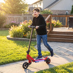 Red electric kids scooter ridden by a child with blue LED deck lights