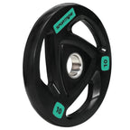 Black Olympic weight plate, tri-grip cutouts, 5 cm center hole, 10 kg, side view