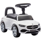 White Mercedes-Benz ride-on car walker with black seat, steering wheel, and front grille