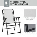 Cream-and-black folding patio chair with armrests, mesh fabric, and steel frame